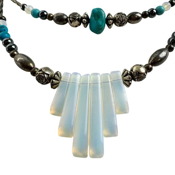 Sterling Silver Opalite & Turquoise Necklace & Bracelet Set - Picture 2 of 4